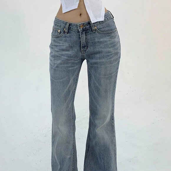 Blue Casual Women's Pocketed Denim Flared Pants - Picture 2 of 5